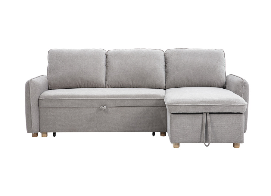 Miliboo Sofá esquinero convertible reversible con arcón 3 plazas en tejido chenilla gris y madera clara ORSO