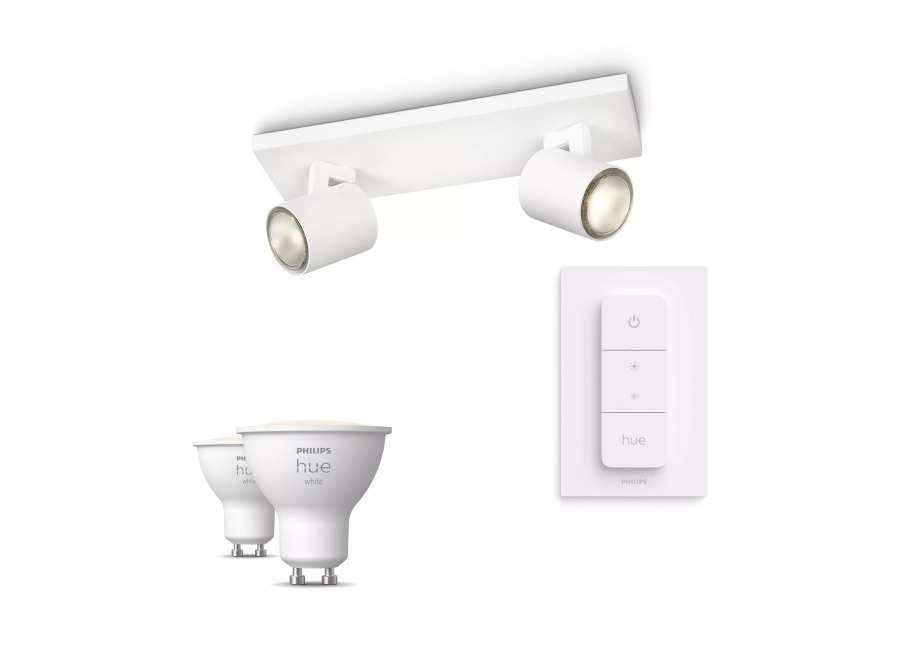 Philips Hue Philips Pack: X2 Focos Philips Runner (blanco) + 2 Bombillas Hue Gu10 Luz Blanca Cálida + Mando