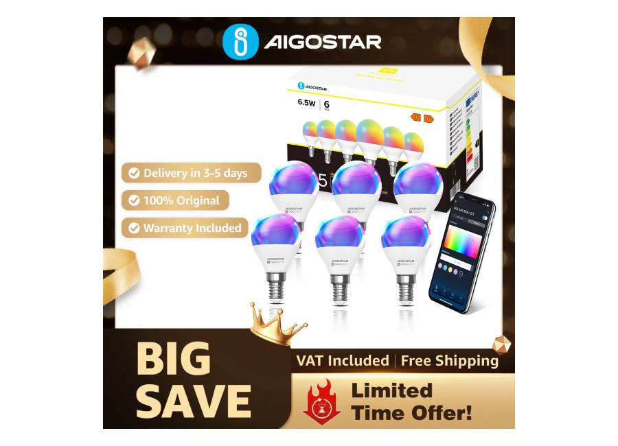 Aigostar Bombilla Inteligente, Bombilla Wifi G45 E14 6.5W, Bombilla Led Inteligente RGBCW Compatible con Alexa/Google Home