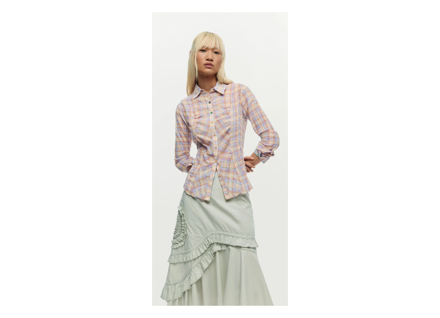 Desigual Camisa cuadros fruncido, Mujer, Algodon, Rojo