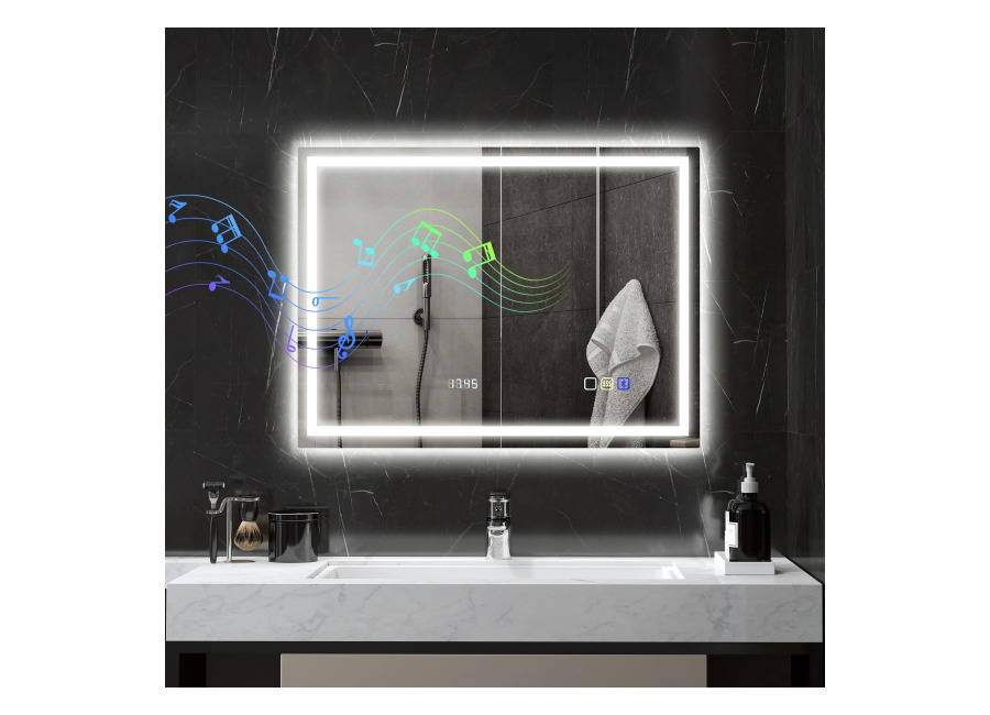 HOMCOM Espejo de baño con Bluetooth e iluminación LED 60×80 cm, espejo de pared brillante para…