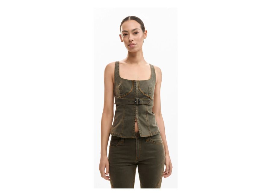 Desigual Blusa tirantes ajustada, Mujer, Algodon, Verde