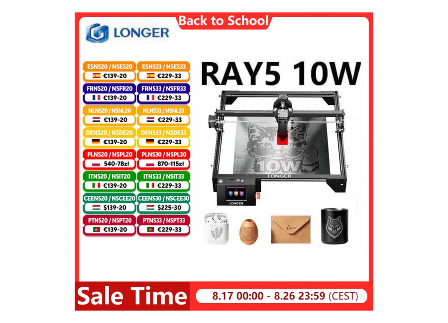 Grabador Láser LONGER RAY5 de 10W, Punto Láser de 0.06 x 0.06 mm, Área de Trabajo…
