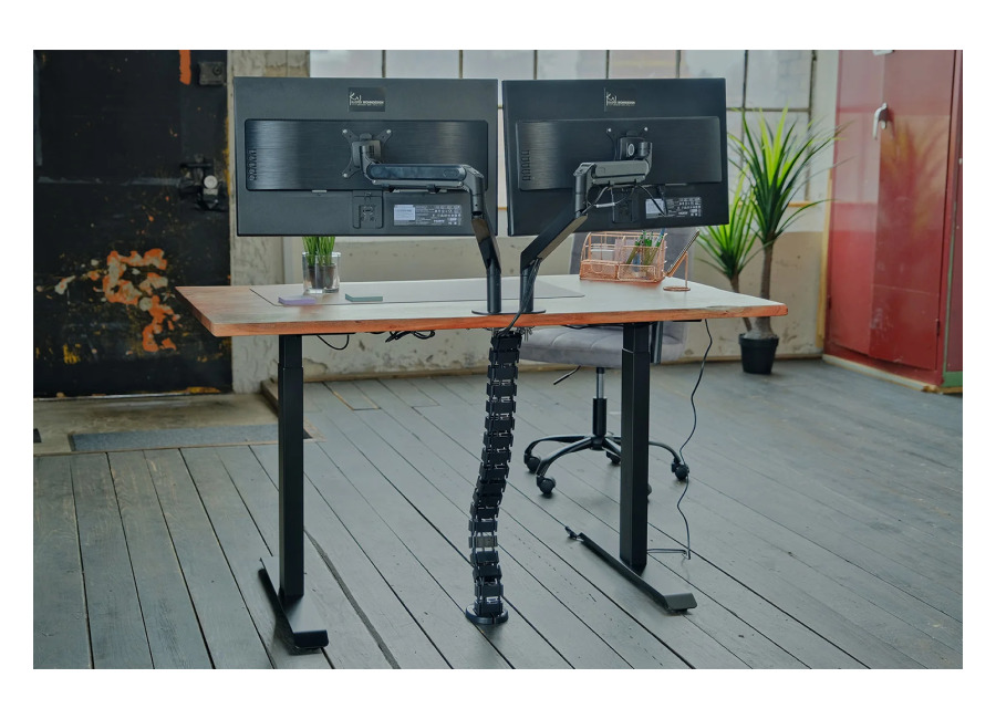 Kawola LORA escritorio con soporte para monitor regulable eléctricamente en altura con borde de árbol color nogal macizo