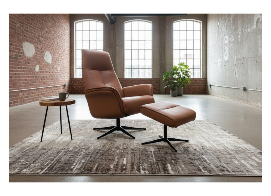 Kawola sillón reclinable JOSIANE sillón giratorio de cuero marrón con Puf