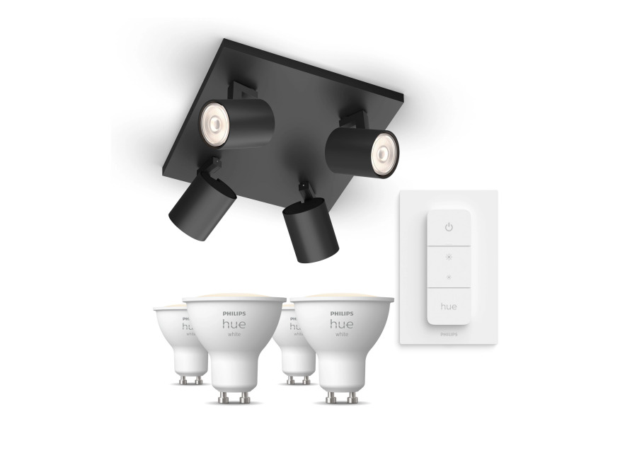 Philips Hue Philips Pack: X4 Focos Philips Runner (negro) + 4 Bombillas Hue Gu10 Luz Blanca Cálida + Mando