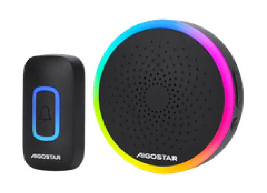 Aigostar RGB Timbre Inalámbrico, timbre inalámbrico exterior impermeable sin pilas, IP55, 5 Niveles de Volumen (0-120dB) y 60 Melodías, Timbre para Ancianos, Casa, Oficina, Negro