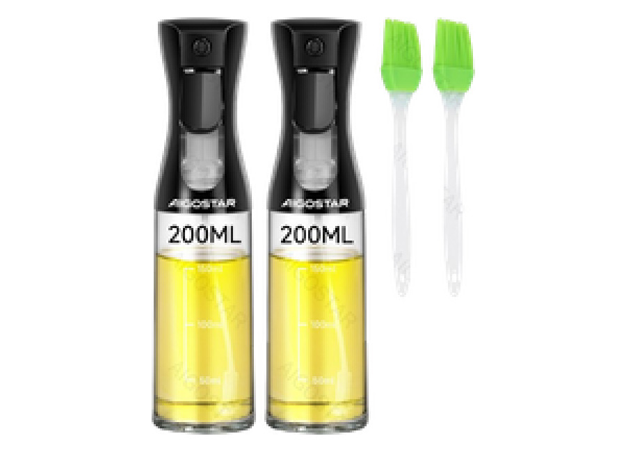 Aigostar 2 Piezas Pulverizador Aceite Spray Cristal, Spray Aceite Cocina 200 ml, con 2 accesorios de Pincel de Silicona , apto para freidora de aire y cocina en la cocina, libre de BPA