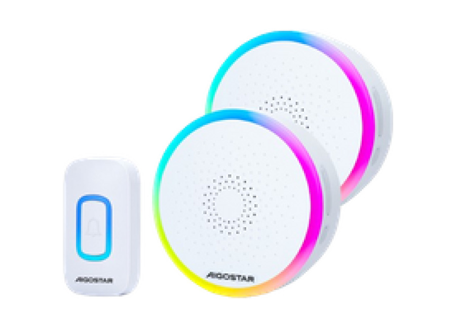 Aigostar RGB Timbre Inalámbrico, timbre inalámbrico exterior impermeable, IP55, 5 Niveles de Volumen (0-120dB) y 60 Melodías, Timbre para Ancianos, Casa, Oficina, Blanco (2 Receptor y 1 Transmisor)