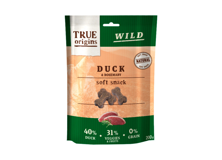 True Origins 4 bolsitas x 200 g True Origins Wild Huesitos Pato y Romero para perros ¡Pack Ahorro!