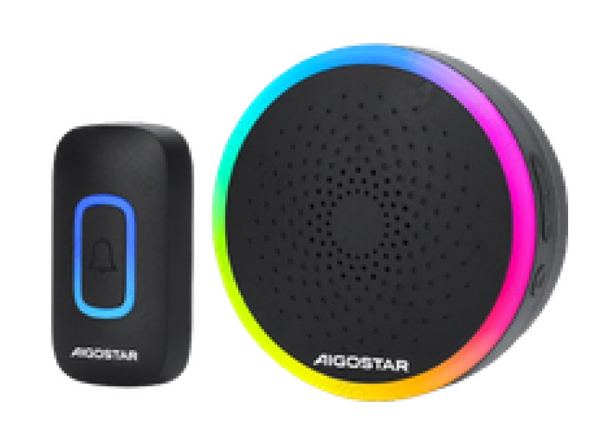 Aigostar RGB Timbre Inalámbrico, timbre inalámbrico exterior impermeable, IP55, 5 Niveles de Volumen (0-120dB) y 60 Melodías, Timbre para Ancianos, Casa, Oficina, Negro