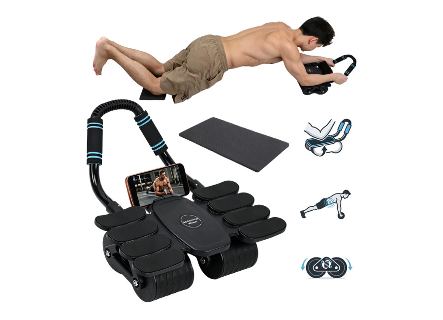 Rodillo Abdominal de Cuatro Ruedas, Equipo de Ejercicio con Tapete Protector para Rodillas, Ahorra Esfuerzo, Entrenador…