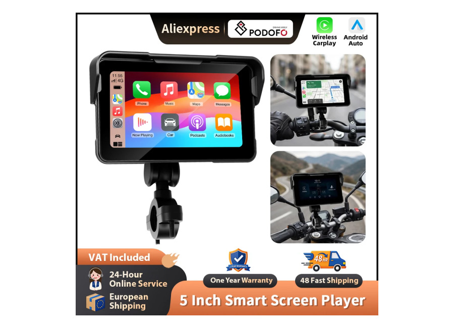 Podofo Navegador GPS para motocicleta con Carplay inalámbrico de 5 pulgadas, Android Auto, IP68, resistente al…