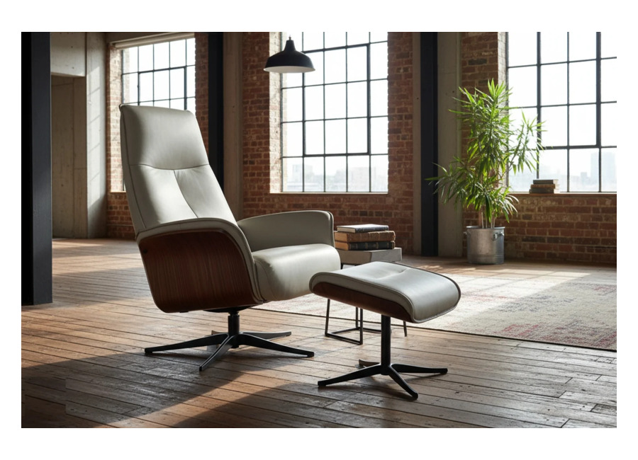 Kawola sillón reclinable FERREIRA sillón giratorio cuero gris con Puf
