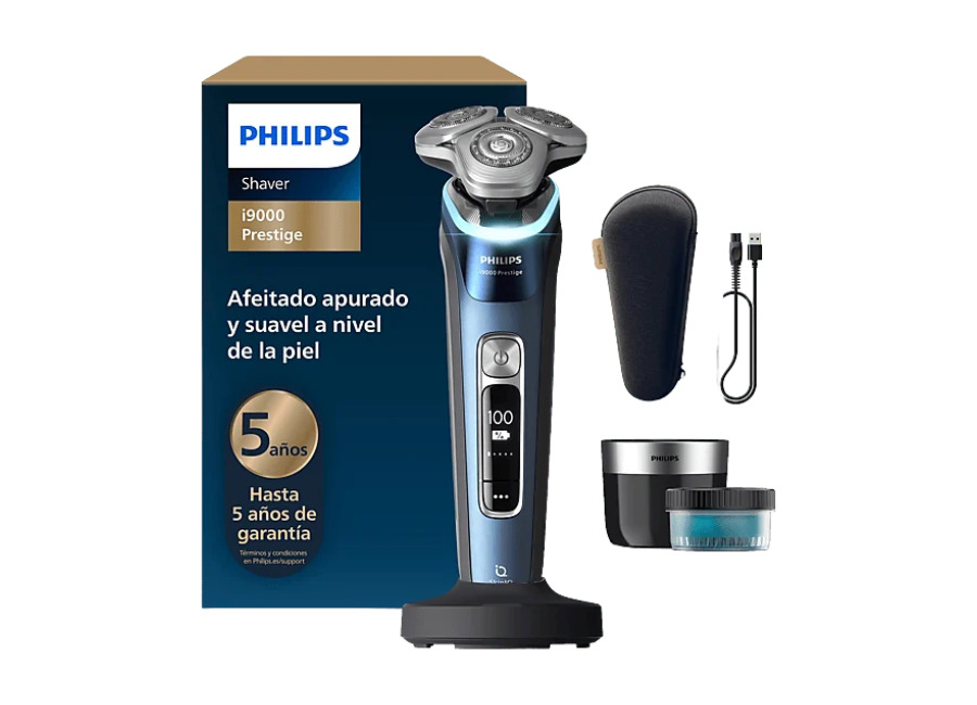 Philips Afeitadora – Philips i9000 Prestige /30, SkinIQ, Levanta y Corta, 5 modos, 60 min, Cortapatillas, Funda viaje, años garantía, Aguamarina