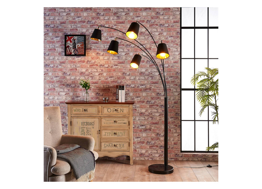 Lindby Lámpara arqueada Lindby Tinne, negro/dorado, mármol, 5 luces, E14