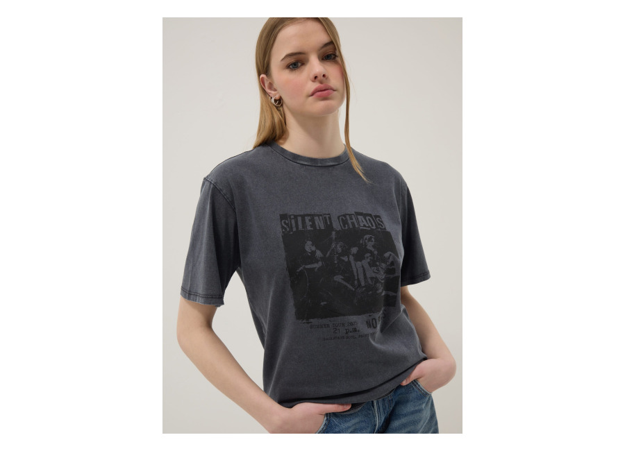 B.ANGEL Camiseta Gris De Algodón Puro Corte Relajado Con Estampado, Mujer, Gris oscuro, Talla: 36