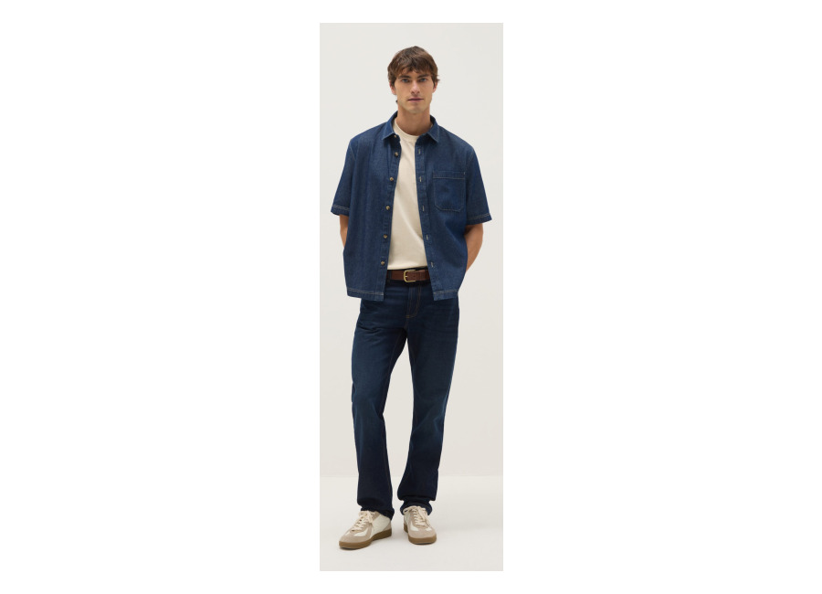 Ovs Camisa En Denim Azul De Puro Algodón, Ajuste Regular Con Bolsillo En El Pecho, Hombre, Azul oscuro, Talla: