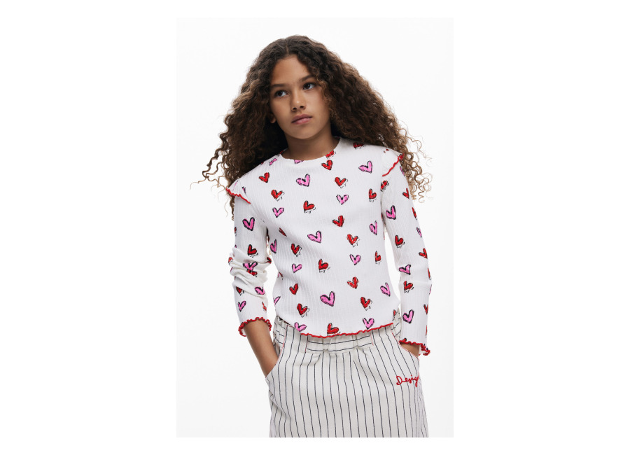 Desigual Camiseta manga larga corazones, NiñOs, Algodon, Blanco, 3/4