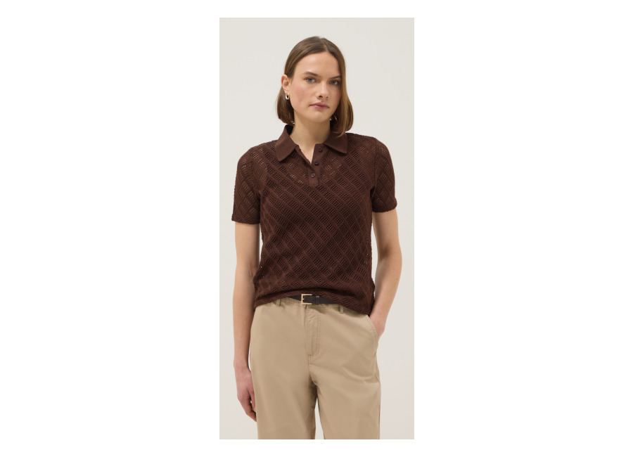 Ovs Polo Marrón De Manga Corta Regular Fit Con Textura De Malla, Mujer, Marrón oscuro, Talla: 40