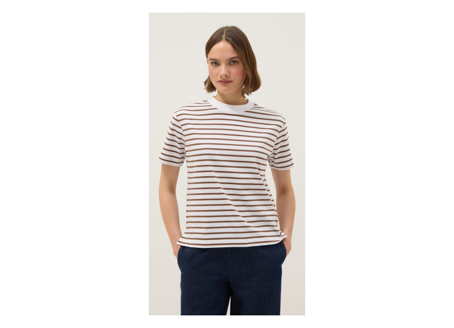 Ovs Camiseta De Cuello Redondo A Rayas Multicolor En Puro Algodón, Corte Regular, Mujer, Blanco/marrón, Talla: 38