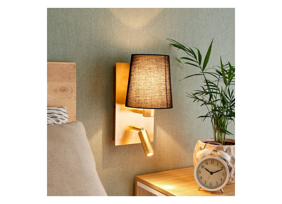 Lindby Aplique de pared Aiden de Lindby, 30 cm, negro, dorado, brazo de lectura LED
