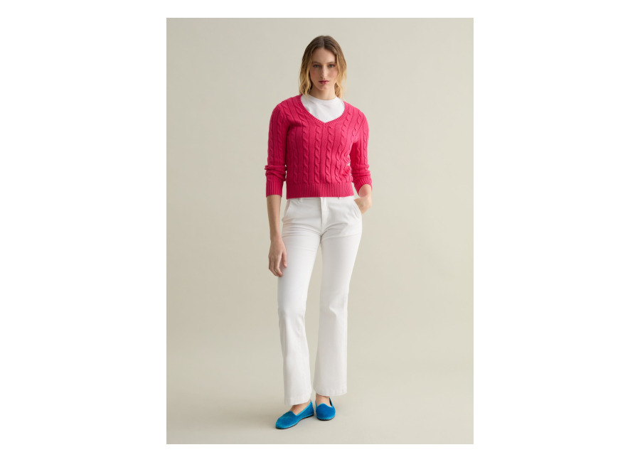 Piombo Jersey Trenzado Con Cuello De Pico, Mujer, Frambuesa, Talla: 34