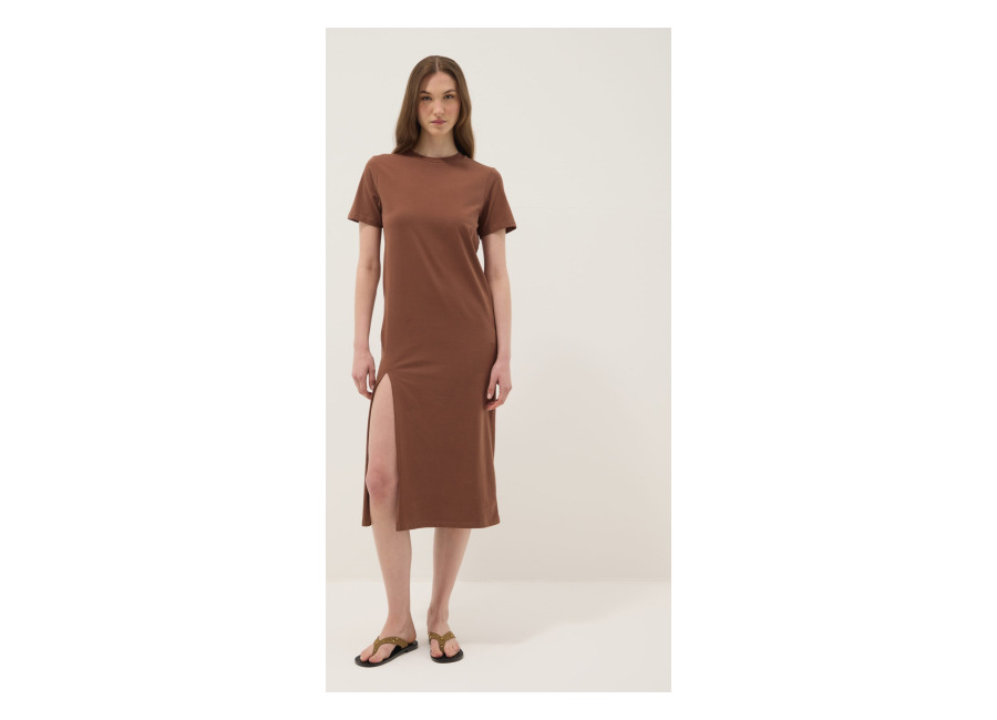 Ovs Vestido Midi Marrón De Algodón Elástico, Mujer, Marrón, Talla: 36