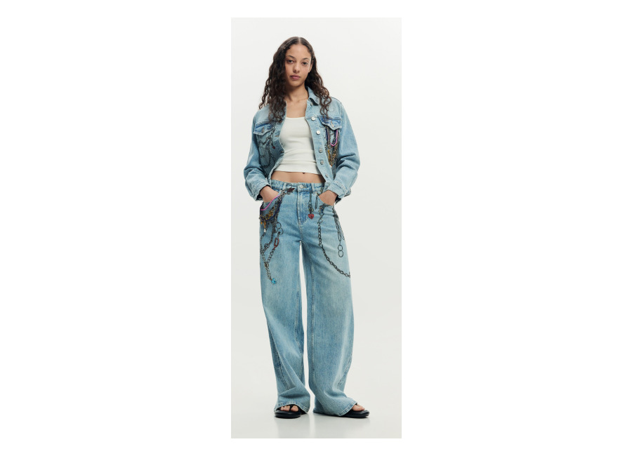 Desigual Pantalón vaquero cadenas wide leg, Mujer, Algodon, Azul, 38