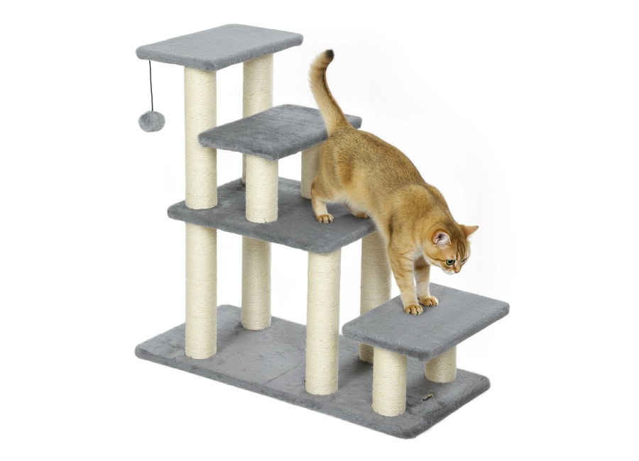 PawHut Escalera para Mascotas Ajustable de 3/4 Peldaños Escalera para Gatos con Postes Rascadores Bola Colgante…