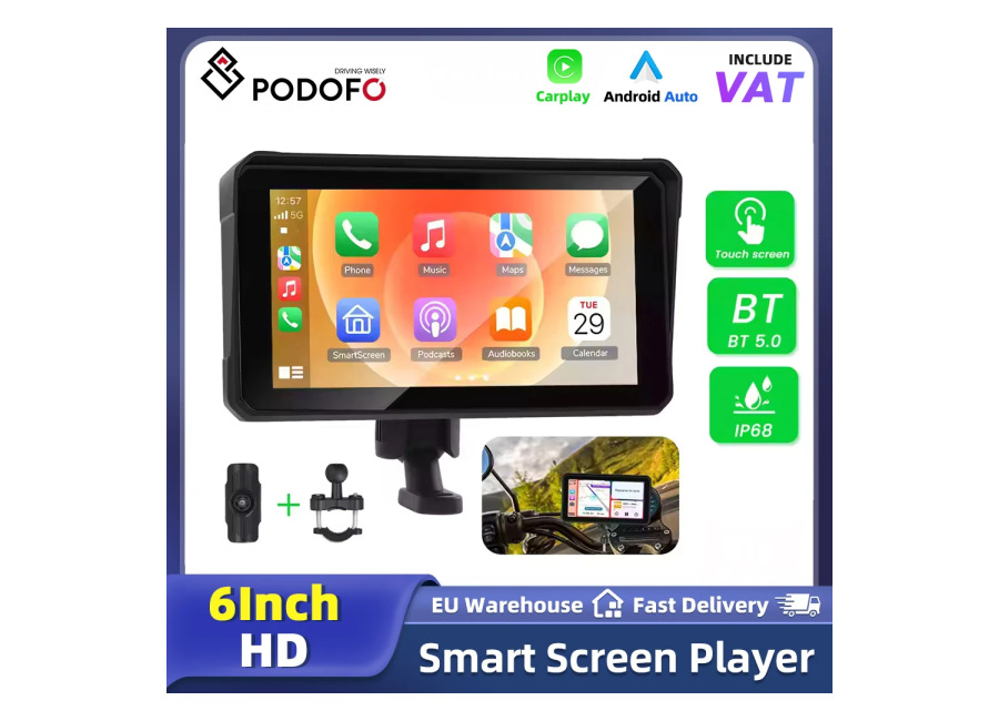 Reproductor inteligente para motocicleta Podofo de 6 pulgadas, IP67 a prueba de agua, pantalla portátil, navegación…