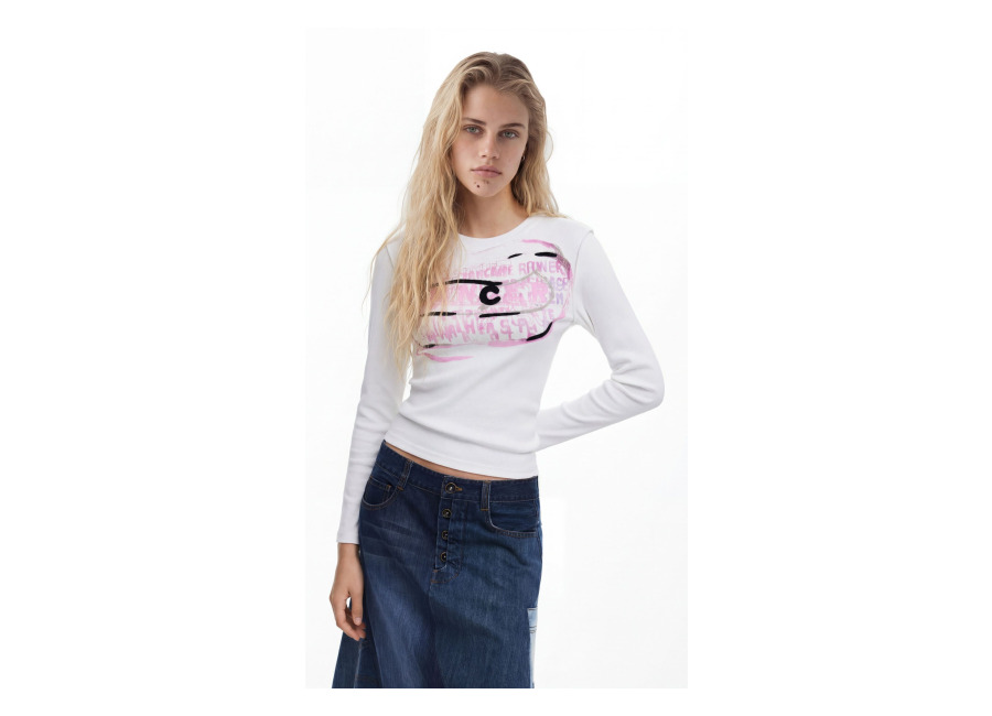 Desigual Camiseta manga larga letras rosas, Algodon, Blanco