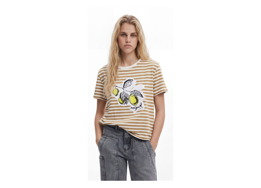 Desigual Camiseta estampado rayas, Algodon, Blanco