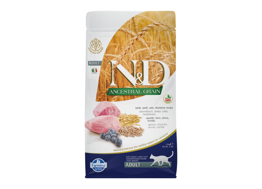 N&D Ancestral Grain Farmina N&D Ancestral Grain Adult cordero y arándanos para gatos – 1,5 kg