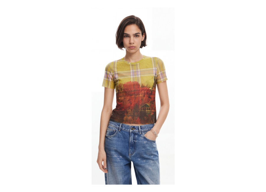 Desigual Camiseta tul estampado, Poliester, Amarillo