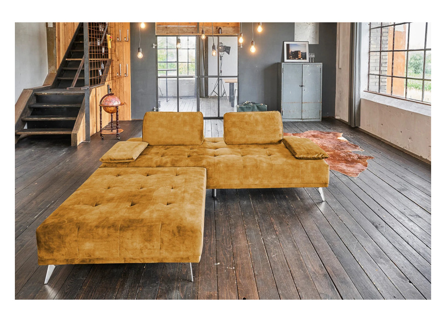 Kawola Sofá KAWOLA WIOLO, sofá diván tipo daybed con Puf, terciopelo color coñac