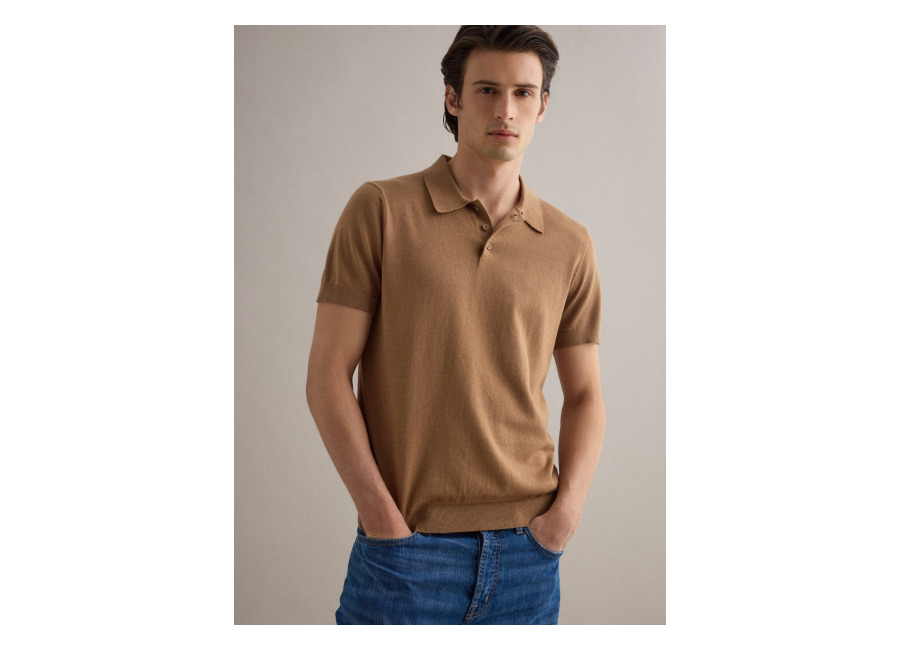 Piombo Polo Marrón De Corte Regular En Mezcla De Algodón, Lino Y Seda, Hombre, Marrón claro, Talla:
