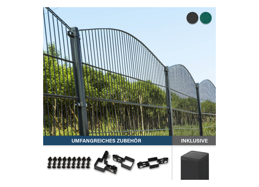 Home Deluxe Valla decorativa de doble piquete montaña incl. postes esquineros antracita/verde MORATA – 200 cm x 50m 4x postes esquinero