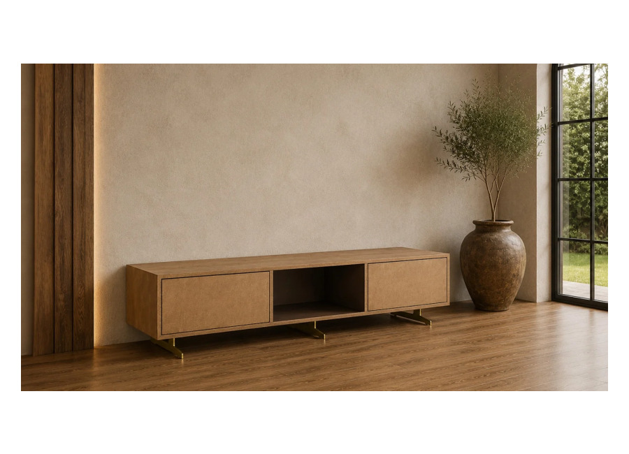 Kawola Mueble bajo KAWOLA GALA para televisión, 2 puertas, 2 compartimentos, piel sintética dorada, patas de acero inoxidable cepillado