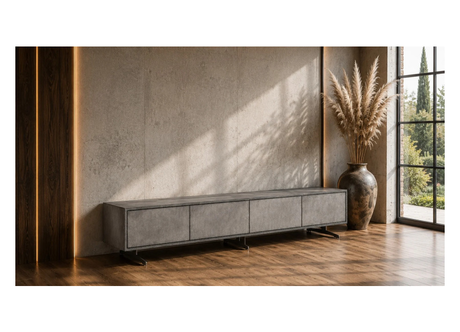 Kawola Mueble bajo KAWOLA GALA para televisión, 4 puertas, piel sintética gris, patas de acero inoxidable cepillado