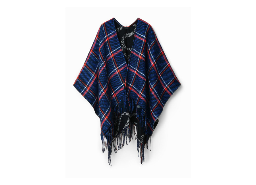 Desigual Poncho reversible cuadros, Acrilico, Azul, U