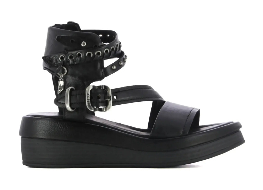 As98 Sandalias de cuña negras de piel mujer SALIS As98