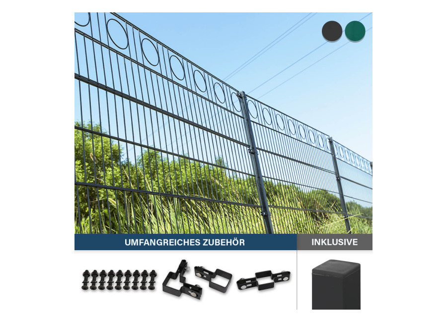 Home Deluxe Valla decorativa de doble piquete círculo incl. postes esquineros antracita/verde MORATA – 200 cm x 50m 4x postes esquinero