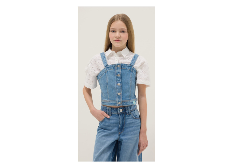 Ovs KIDS Top Corto De Algodón Denim Azul Elástico Para Niñas Ajuste Delgado, Niña, Azul vaquero, Talla: 13-14