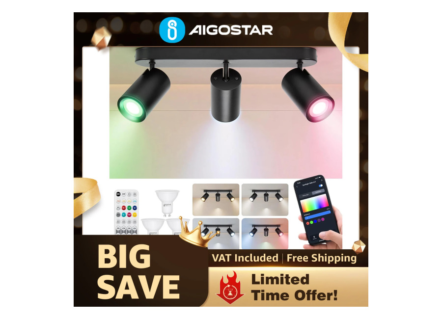 Aigostar Foco de techo inteligente, 3 cabezales GU10 ajustables y giratorios, compatible con Bluetooth y control…