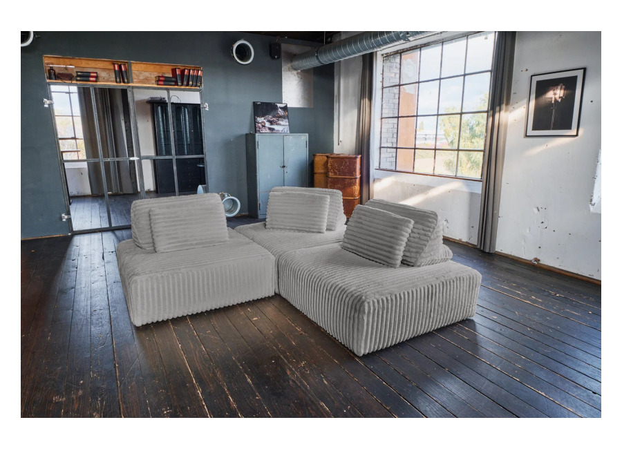 Kawola Sofá modular KAWOLA WIOLO SOFT, 3 módulos, 3 cojines respaldo, tejido de pana suave y ancha, color gri