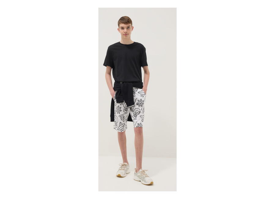 Ovs KIDS Pantalón Corto Blanco De Puro Algodón Con Estampado All Over Para Niño, Corte Regular, Niño, Azul Claro/Gris, Talla: 10-11