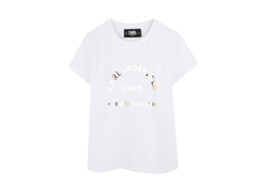 Karl Lagerfeld para niña. Z30447 Camiseta de manga corta blanco (6Y= 114/119cm), Casual, Algodón Orgánico, Sostenible, moda infanti