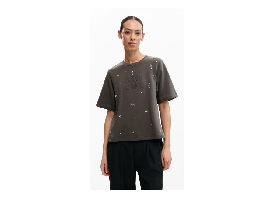 Desigual Camiseta lisa apliques, Mujer, Algodon, Negro