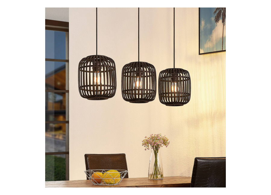 Lindby lámpara colgante Canyana, negra, 3 luces, ratán, 105 c